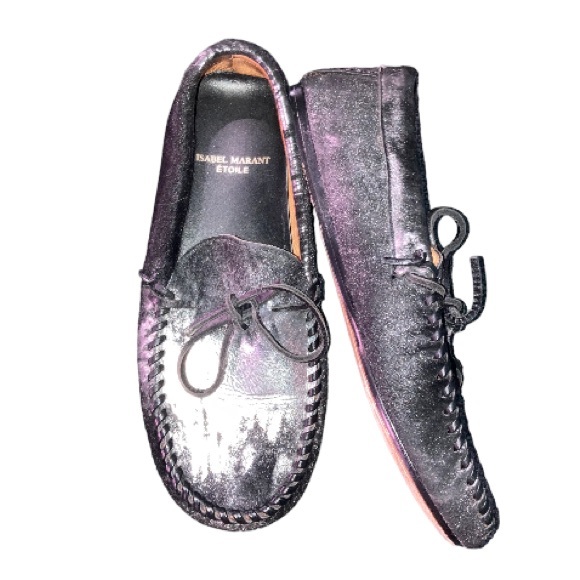 Isabel Marant Fell Pony Hair Black Silver Metallic Moccasin Loafer - Picture 12 of 15